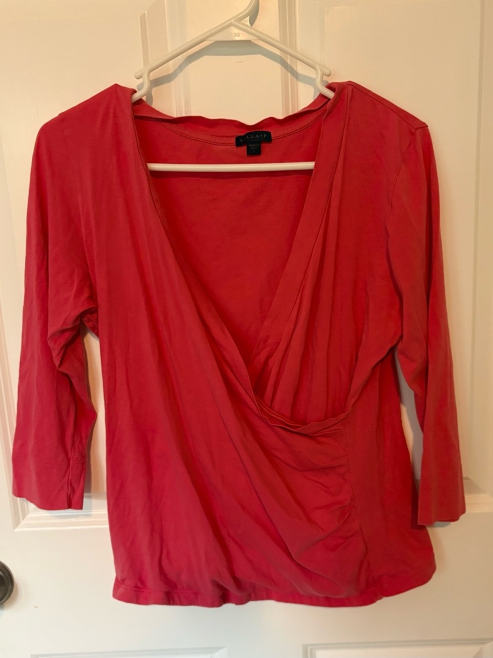Lila P Coral Surplice Wrap V neck front 3/4 sleeve top 100% Pima Cotton